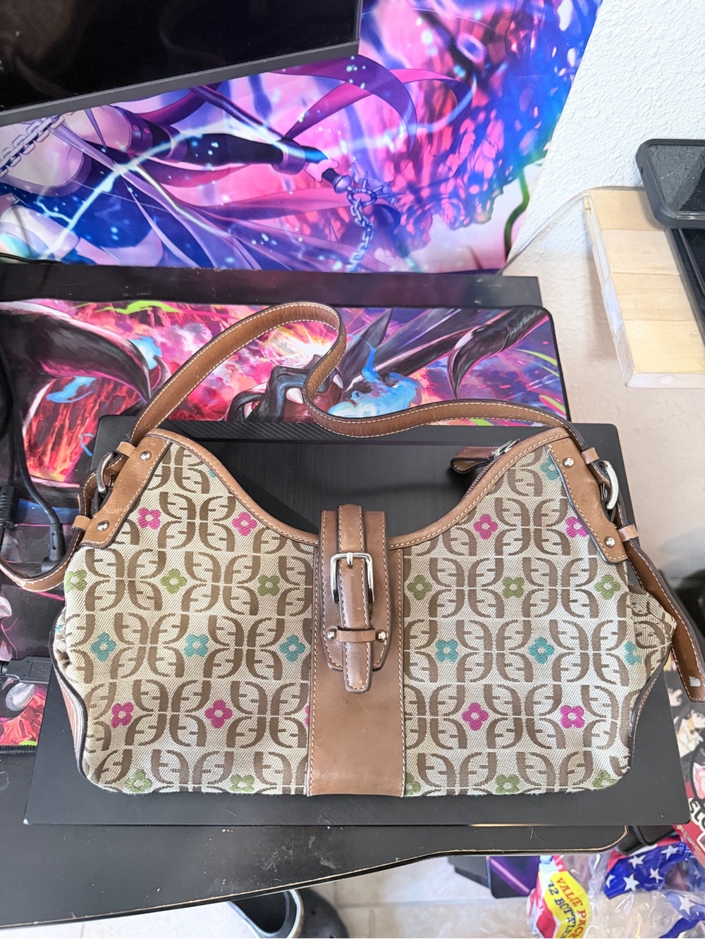 Fossil Tan Canvas Shoulder Bag with Multicolor Floral Accents